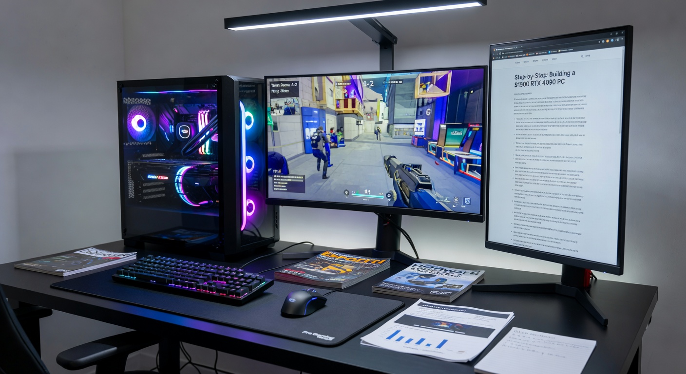 Close-up of a custom PC build with glowing RTX GPU under ray-traced lighting effects during a benchmark test