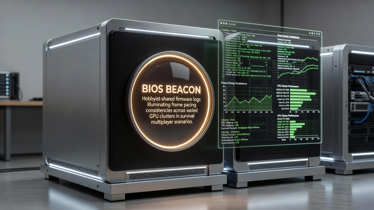 Hobbyists examining BIOS firmware logs on multiple GPU setups for frame pacing analysis in survival games