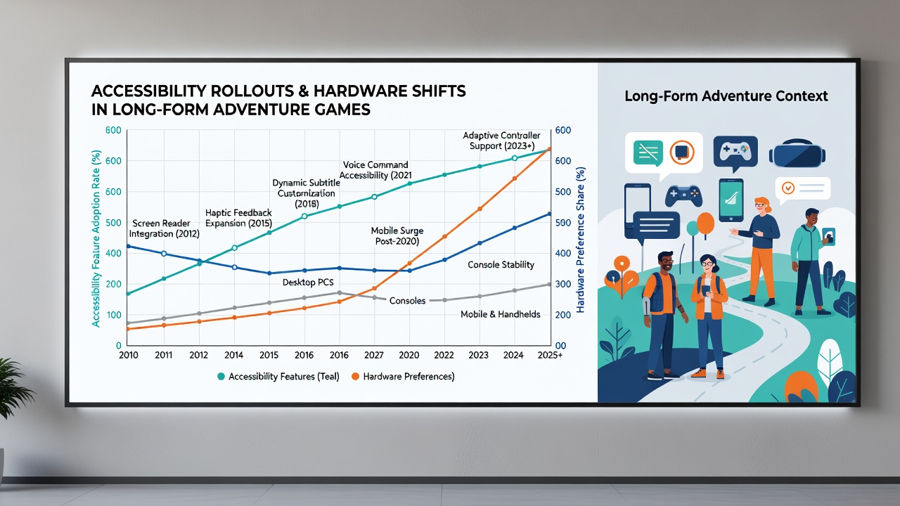 Charts and graphs displaying accessibility feature timelines alongside hardware preference shifts in adventure gaming communities