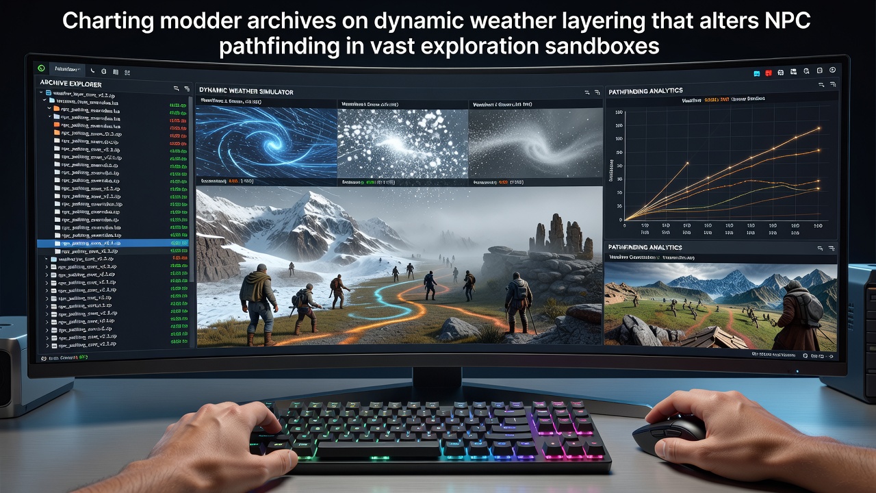 Modder archives displaying weather layer modifications and NPC navigation adjustments in open-world game environments