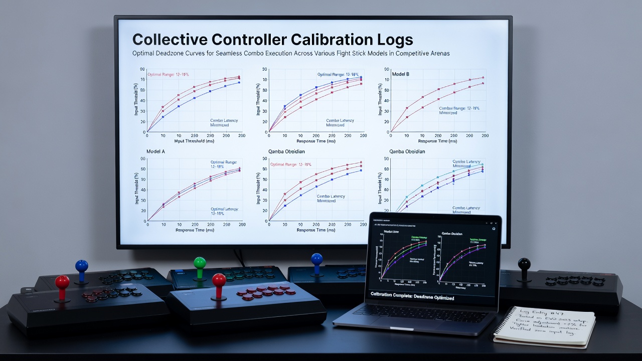 Fight stick controller calibration setup with multiple arcade joystick models displayed on a tournament desk