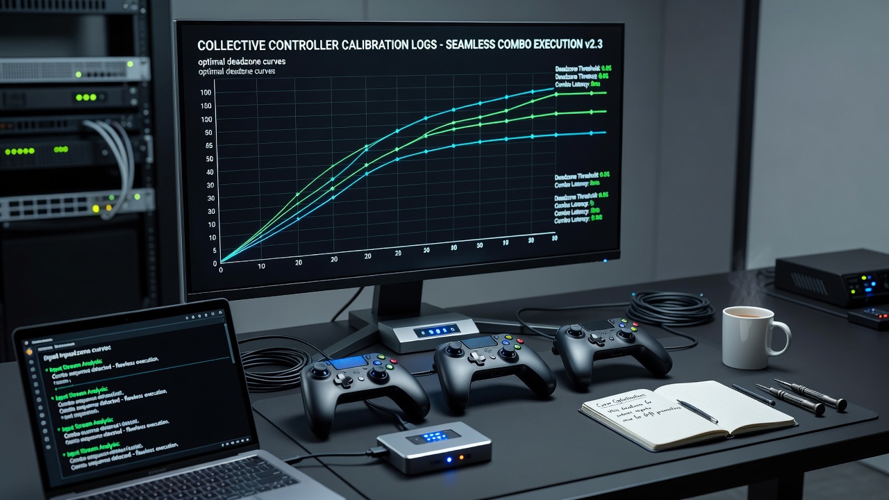 Close-up view of fight stick joystick components with calibration graphs overlaid on tournament footage