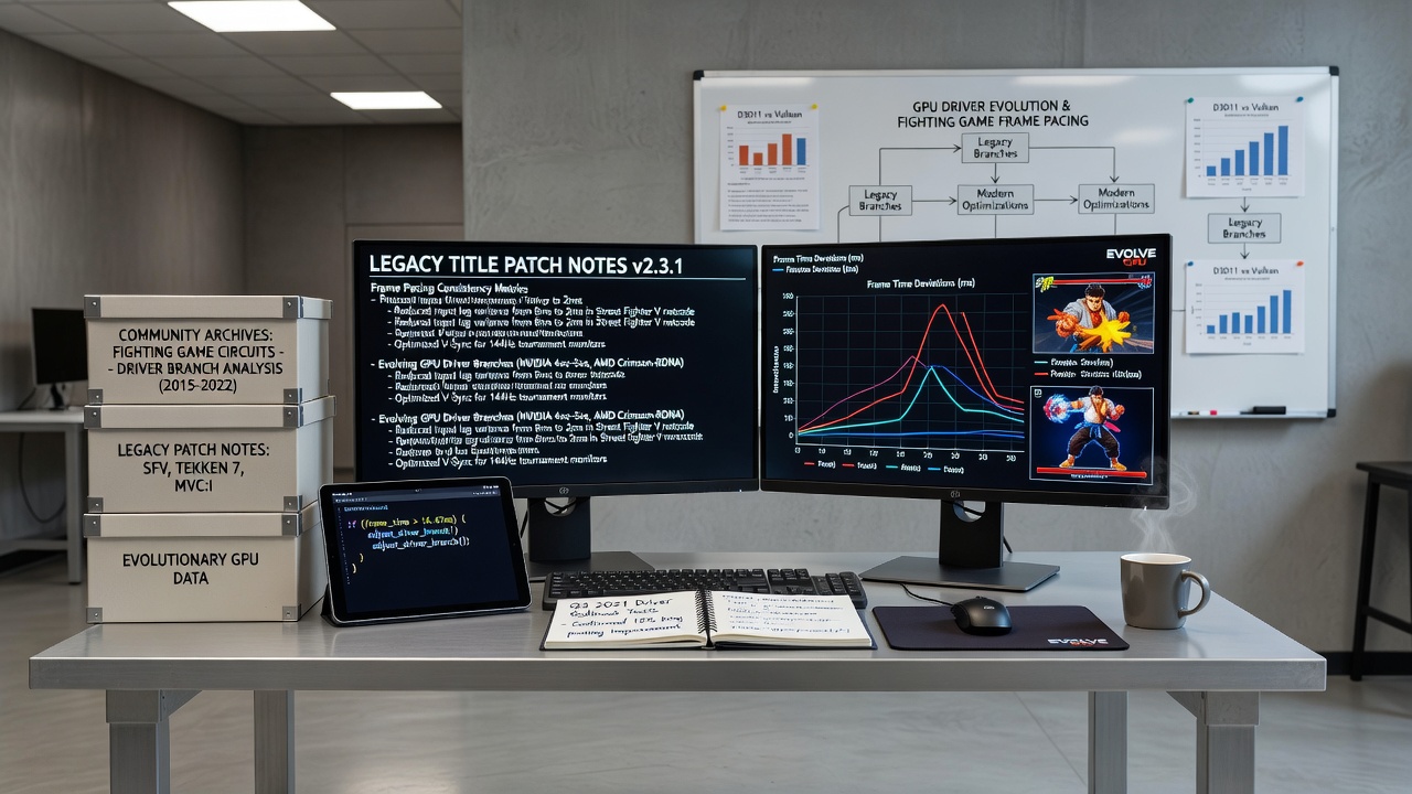 Community forum archives displaying legacy fighting game patch notes alongside frame time graphs from various GPU driver versions