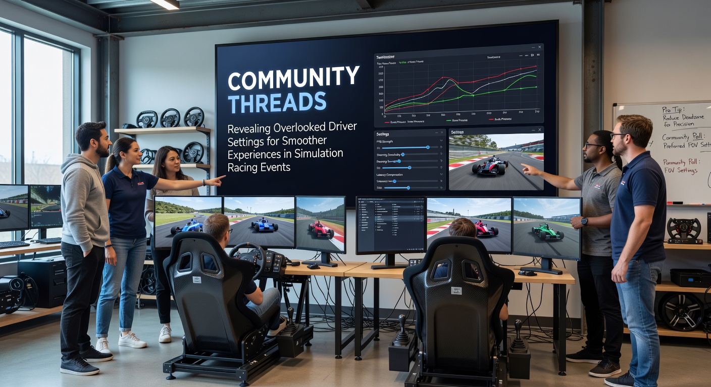 Sim racing setup with detailed GPU driver configuration panels displayed on screen during community discussion