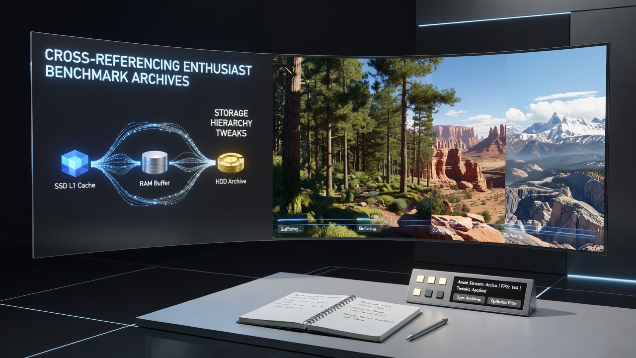 Enthusiast benchmark archives showing storage performance metrics for open-world game asset streaming