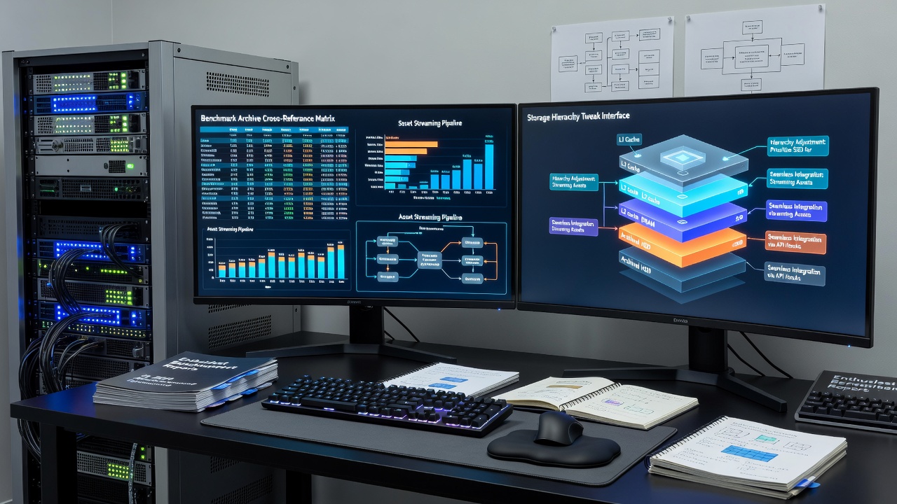Storage hierarchy diagram illustrating tiered SSD and RAM configurations for asset streaming optimization