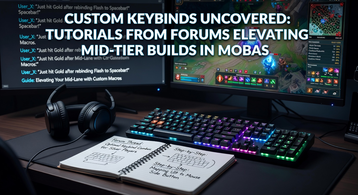 Close-up of a gaming keyboard with custom keybinds highlighted in a MOBA interface, showing remapped ability slots for quick access during intense matches