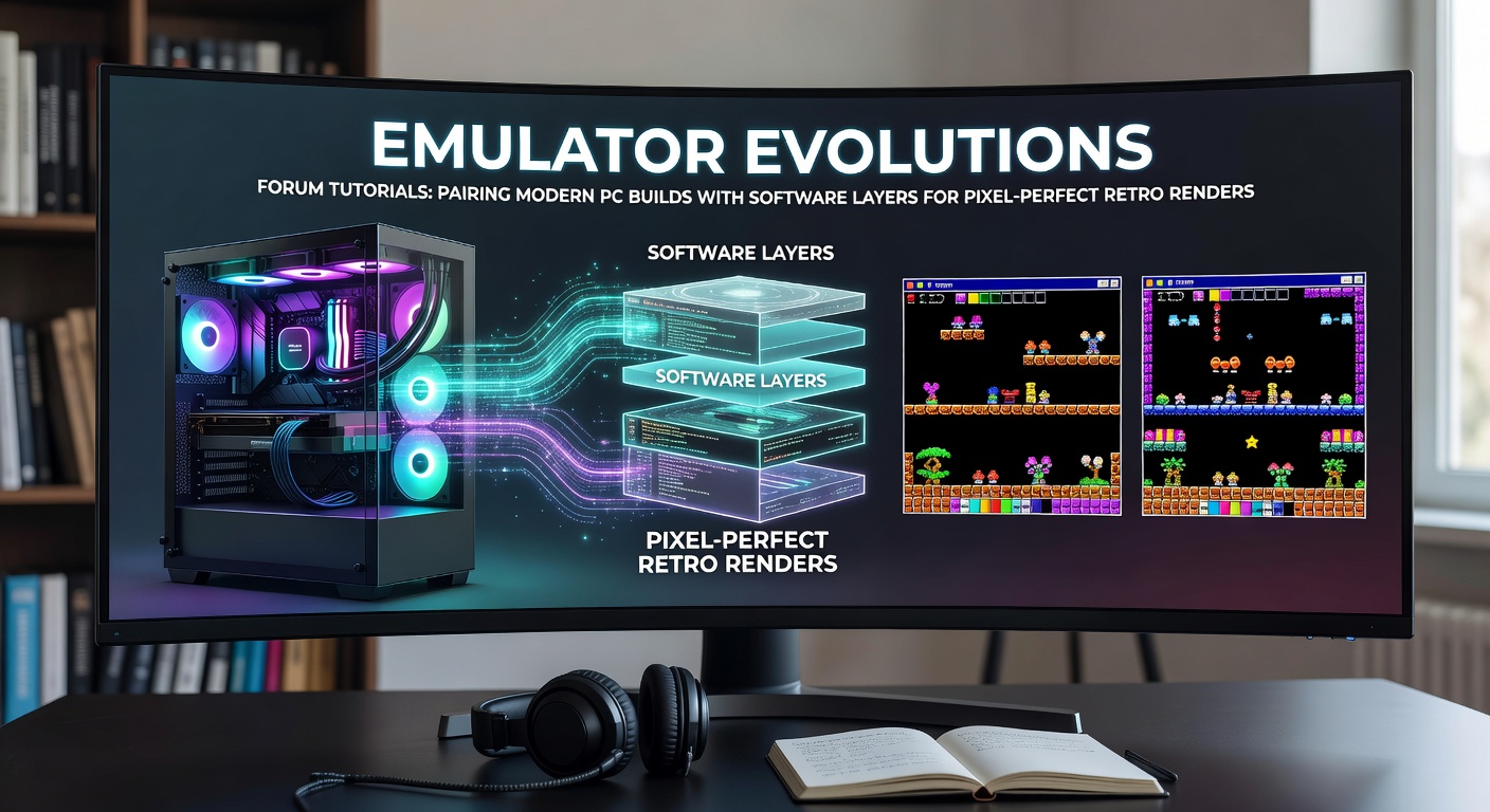 High-end PC rig displaying a pixel-perfect Super Nintendo emulator output on a modern OLED monitor, showcasing crisp retro pixels amid software shader overlays