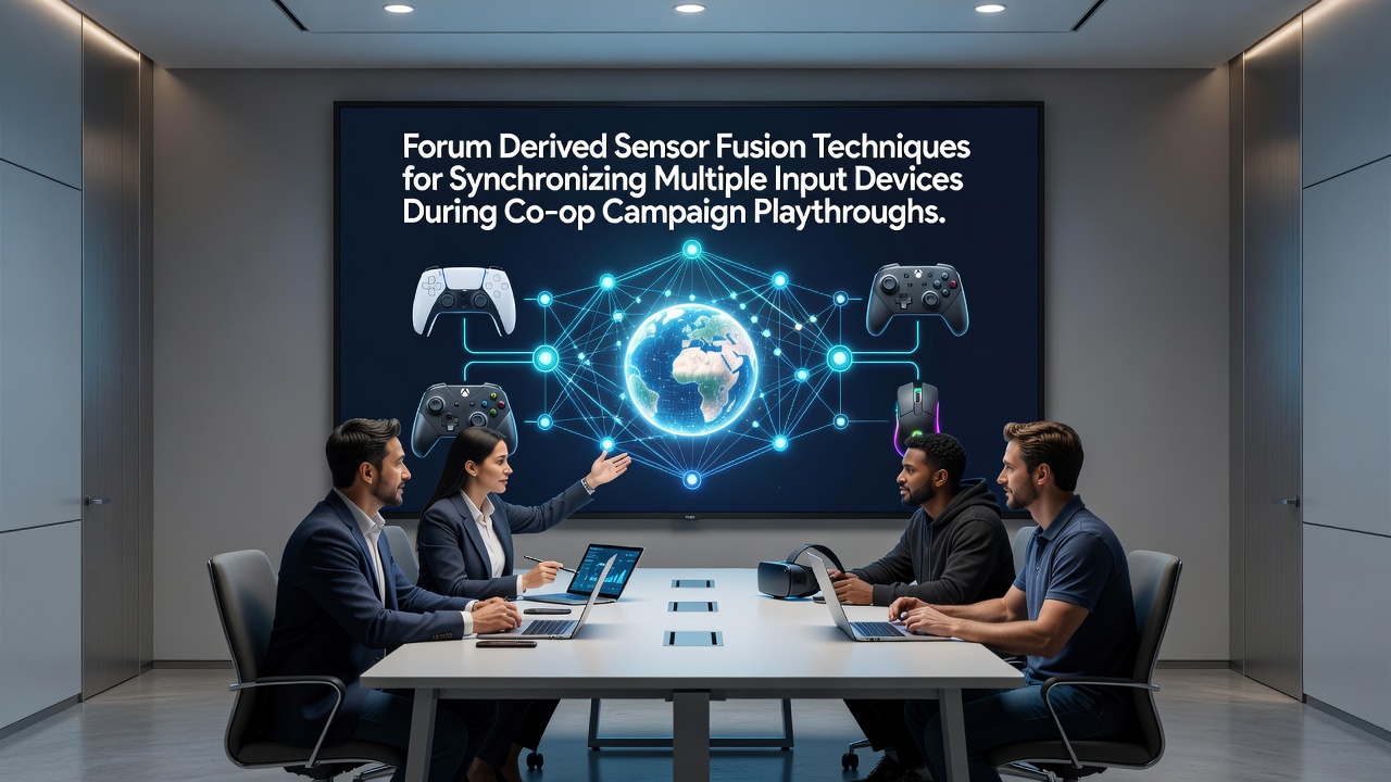 Diagram showing multiple input devices connected through sensor fusion algorithms for co-op gaming synchronization