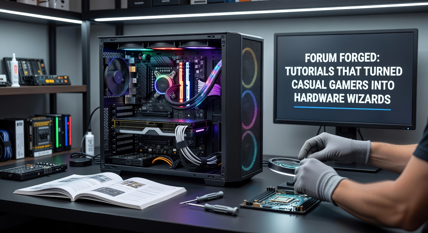 A casual gamer assembling a custom PC rig, following step-by-step instructions from an online forum thread, with tools and components spread across a desk in a dimly lit room