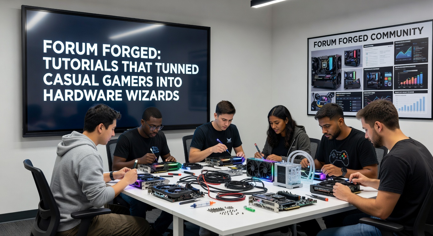 Close-up of a hardware wizard's workbench in April 2026, featuring a disassembled RTX 5090 GPU, custom RGB cabling, diagnostic tools, and a glowing forum screenshot on a secondary monitor