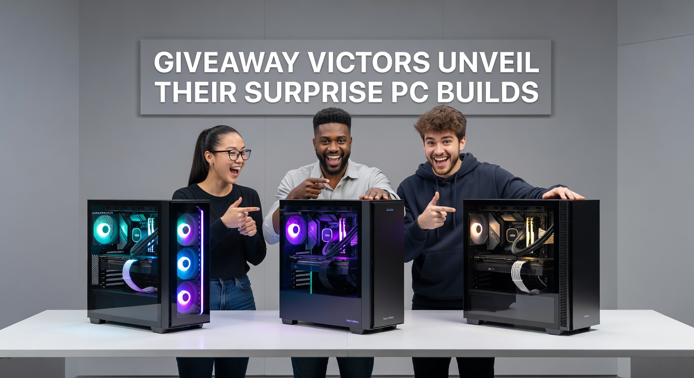A giveaway winner proudly displays their custom-built gaming PC with RGB lighting illuminating high-end components on a sleek desk setup