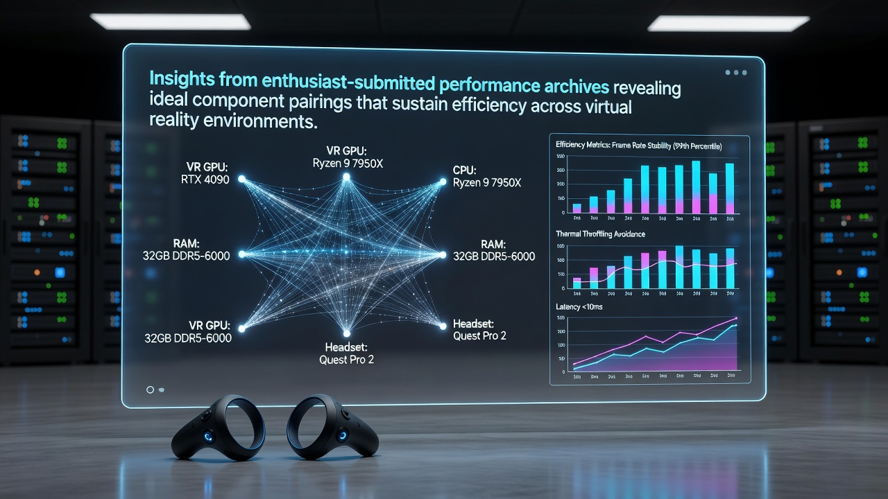 Enthusiast-submitted performance charts showing VR component pairings and efficiency metrics across multiple sessions