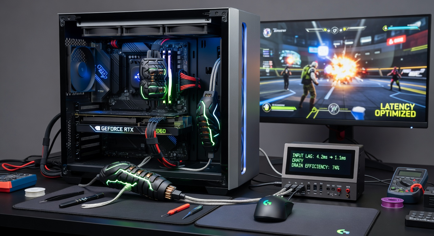 A mid-tier gaming PC setup displaying an arena shooter with latency metrics overlaid, highlighting input lag reduction tools in action