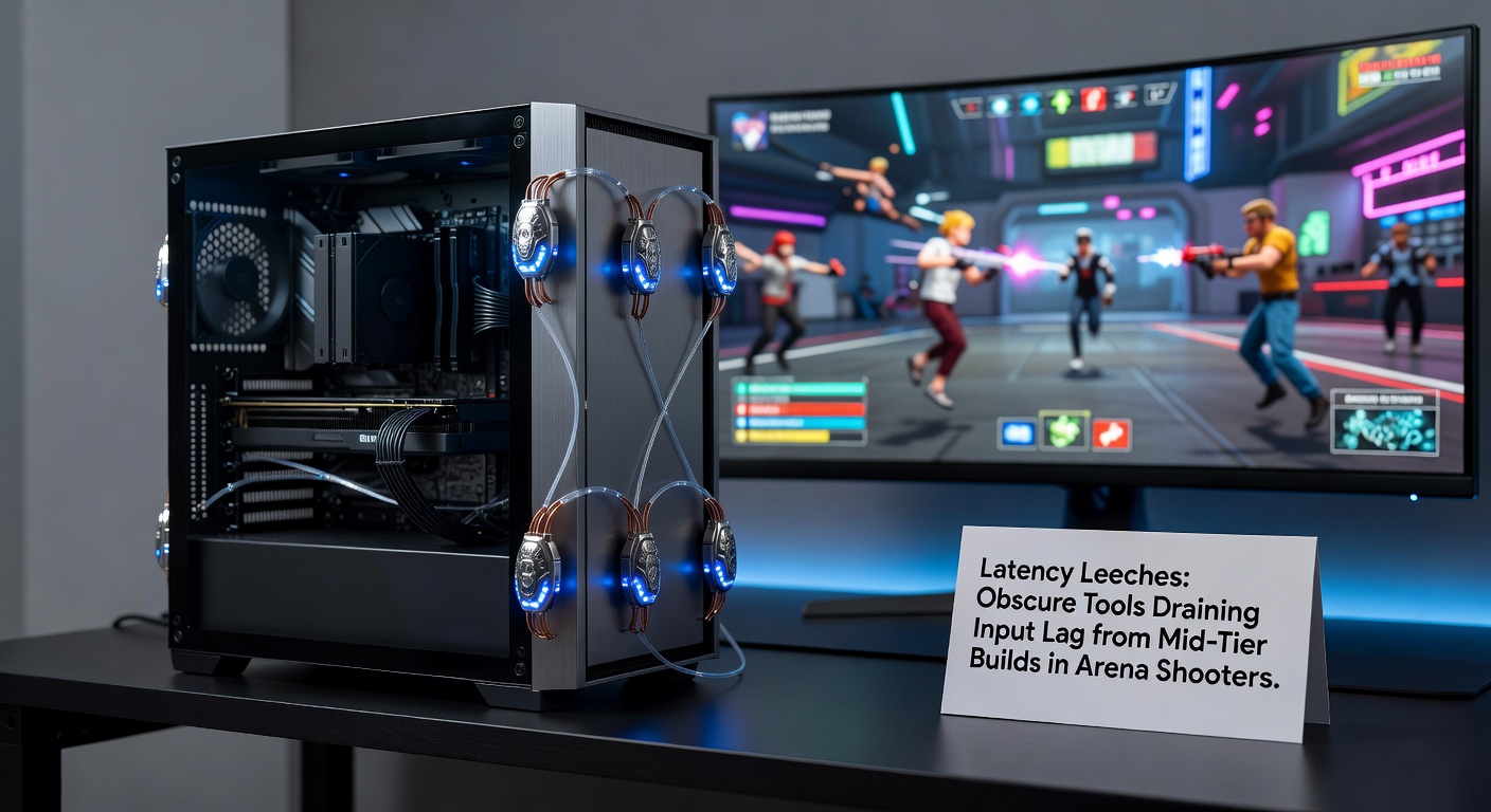 Close-up of a latency monitoring dashboard on a mid-tier PC, showing before-and-after input lag graphs for an arena shooter session with leech tools active