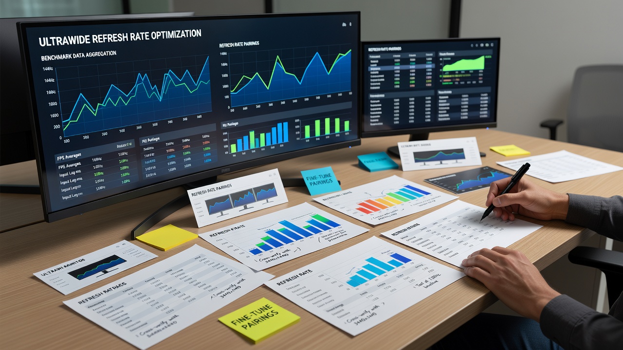 Detailed view of ultrawide display calibration process using aggregated benchmark results for fighting game tournament stations
