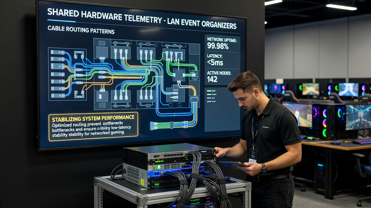 Detailed view of cable management techniques used in large MMO LAN environments