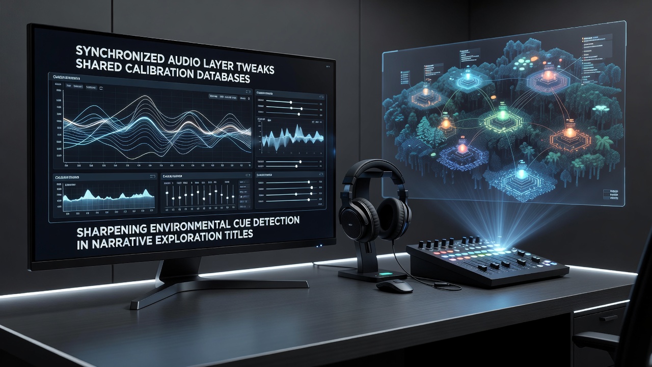 Community-shared calibration interface displaying synchronized audio layers for environmental audio processing in narrative games
