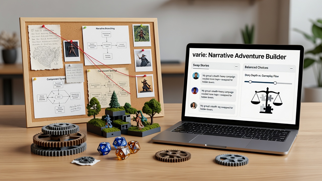 Balanced PC build components arranged for testing narrative games on multiple display types