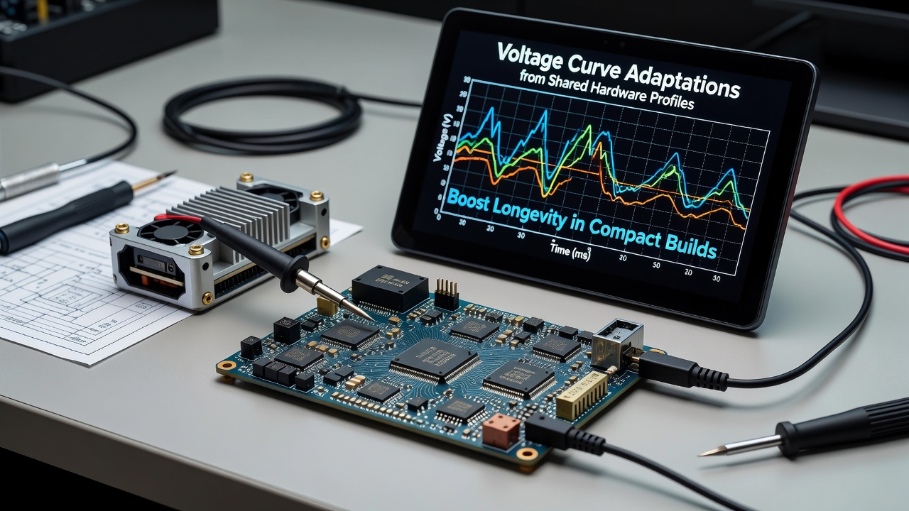 Compact PC build with voltage monitoring tools displaying curve adaptations during indie game testing sessions