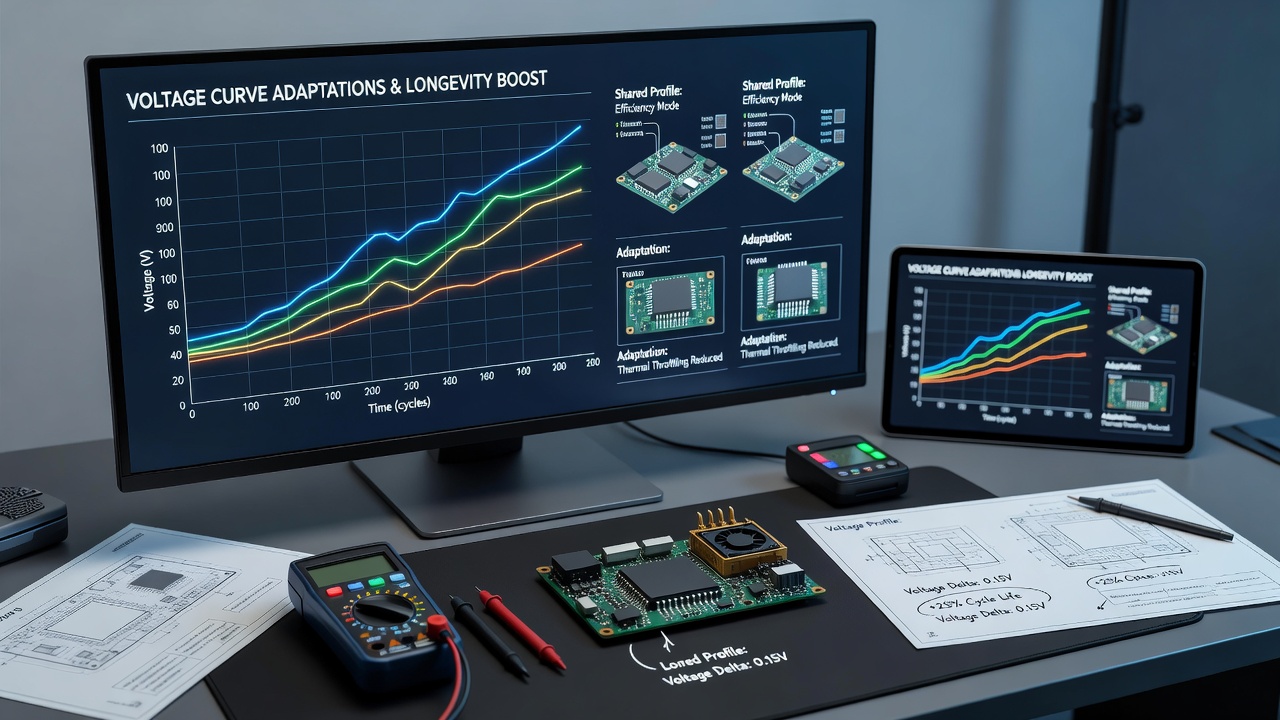 Voltage curve graphs overlaid on hardware telemetry from compact systems testing multiple indie titles